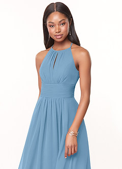 Azazie Bonnie Bridesmaid Dresses Steel Blue A-Line Keyhole Ruched Chiffon Dress image5