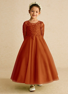 Azazie Precious Flower Girl Dresses Paprika A-Line Lace Tulle Dress image4