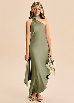 Azazie Briony Junior Vestido Pistache de Cetim elástico de Bainha com Plissado image5