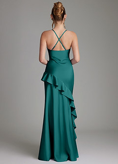 Azazie Jayda Bridesmaid Dresses Peacock A-Line Ruched Stretch Satin Dress image2