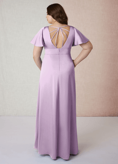 Azazie Lani Bridesmaid Dresses Frosted Lilac A-Line Flounce Sleeve Stretch Satin Dress image9