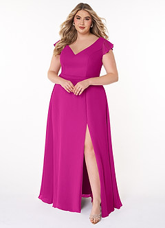 Azazie Claudine Final Sale Fuchsia A-Line Flutter Sleeve Chiffon Dress image7