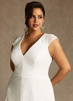 Azazie Lilly At-home Try On Dresses Diamond White A-Line Lace Dress image10