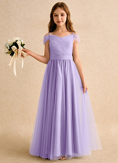 Azazie Yuna Girls Formal Flower Girl Dresses Lilac A-Line Off the Shoulder Tulle Dress image3