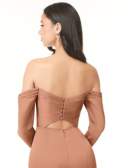 Azazie Hallie Robes de demoiselle d'honneur Robe Fourreau Convertible en Satin extensible Schulterfreies Langarmshirt Bronze image7