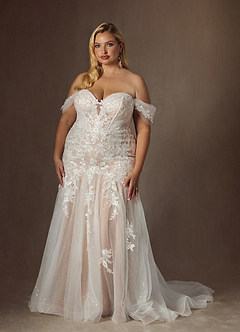 Azazie Leilani Vestidos de novia Vestido de Blanco Diamante Nude de Tul de Corte Sirena con Lentejuela image13