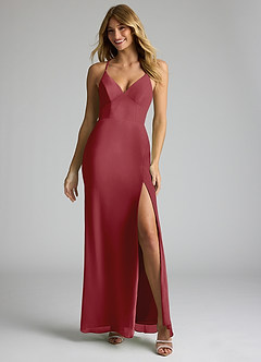 Azazie Becca Bridesmaid Dresses Pomegranate Sheath V-Neck Chiffon Dress image3