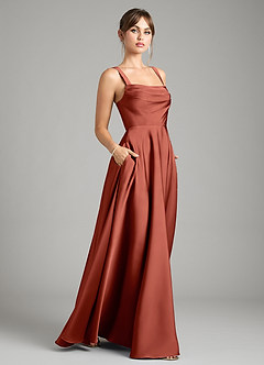 Azazie Shaude Bridesmaid Dresses Terracotta A-Line Pleated Stretch Satin Dress image6