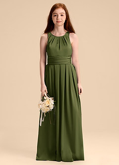 Azazie Bibiane Junior Olive A-Line Pleated Stretch Satin Dress image6