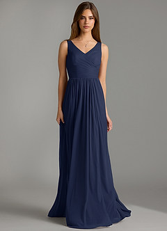 Azazie Keyla Bridesmaid Dresses Dark Navy A-Line Pleated Mesh Dress image4