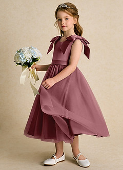 Azazie Serene Robe Demoiselle D'honneur Fillette Robe Princesse en Mat Satiné Arc Rose Du Désert image2