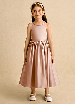Azazie Indi vestidos de niña de las flores Vestido de Champán Rosado de Satin Mate de Corte En A con Lazo image6