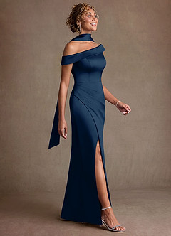 Azazie Kamala At-home Try On Dresses Dark Navy Sheath One Shoulder Stretch Satin Dress image3