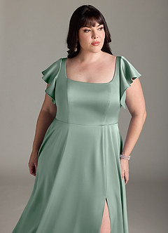 Azazie Bondi Bridesmaid Dresses Agave A-Line Bow Stretch Satin Dress image11