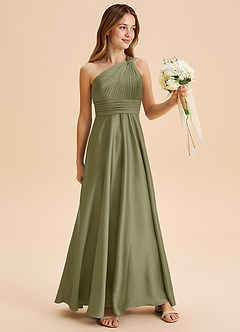 Azazie Charlize Junior Pistachio A-Line Pleated Stretch Satin Dress image3