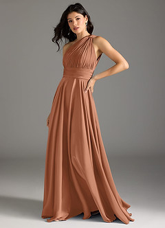 Azazie Charlize Bridesmaid Dresses Bronzer A-Line One Shoulder Stretch Satin Dress image4