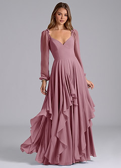 Azazie Karan Bridesmaid Dresses Vintage Mauve A-Line Long Sleeve Chiffon Dress image1
