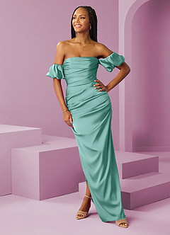 Barbie ♥ Azazie Jurken voor bruidsmeisjes Converteerbaar Jurk van Stretch Satijn met Kolom Off the Shoulder Aqua image3