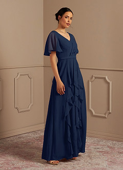 Azazie Watson At-home Try On Dresses Dark Navy A-Line V-Neck Chiffon Dress image3