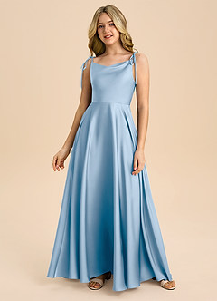 Azazie Popsy Junior Taupe A-Line Bow Stretch Satin Dress image3