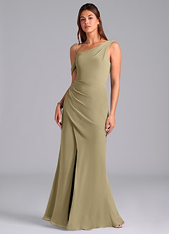 Azazie Madelyn Robes de demoiselle d'honneur Robe Sirène Convertible en Mousseline de soie Une épaule Vert Mousse image4