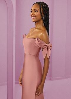 Barbie ♥ Azazie Bridesmaid Dresses Rosette Sheath Off the Shoulder Stretch Satin Convertible Dress image6