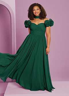 Barbie ♥ Azazie Robes de demoiselle d'honneur Robe Trapèze Convertible en Mousseline de soie Épaule décolletée émeraude image1