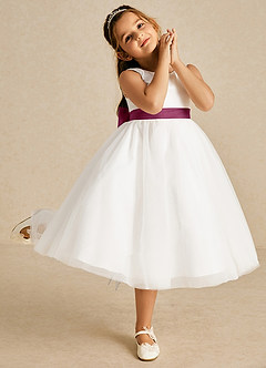 Azazie Kavi Flower Girl Dresses Ivory Mulberry A-Line Bow Matte Satin Dress image5