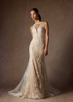 Azazie Sheila Vestidos de novia Vestido de Blanco Diamante Nude de Tul de Corte Sirena con Lentejuela image1
