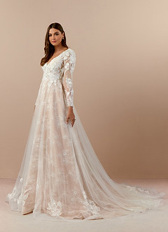 Azazie Leila Wedding Dresses Diamond White Nude A-Line V-Neck Sequins Tulle Dress image3