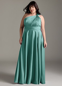 Azazie Charlize Bridesmaid Dresses Aqua A-Line One Shoulder Stretch Satin Dress image5