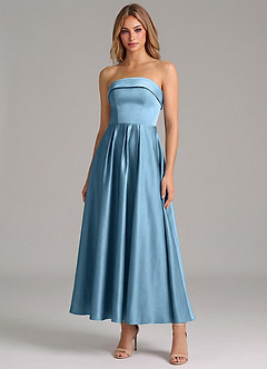 Azazie Lucienne Bridesmaid Dresses Steel Blue A-Line Pleated Stretch Satin Dress image1