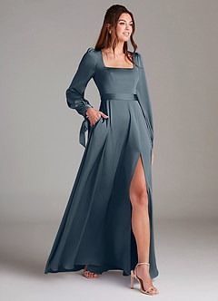 Azazie Leonia Bridesmaid Dresses Twilight A-Line Long Sleeve Stretch Satin Dress image4