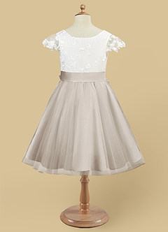 Azazie Vetty Flower Girl Dresses Ivory Frost A-Line Lace Tulle Dress image9