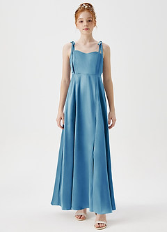 Azazie Rosey Junior Vestido de Azul Acero de Satén Metálico de Corte En A con Escote de Corazón image6