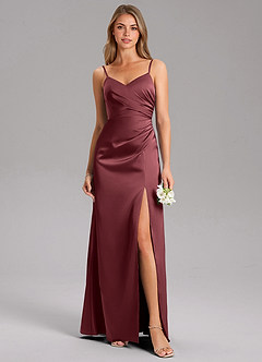 Azazie Azuree Bridesmaid Dresses Merlot A-Line Pleated Stretch Satin Dress image1