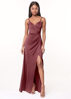 Azazie Maci Bridesmaid Dresses Desert Rose A-Line V-Neck Pleated Stretch Satin Dress image1