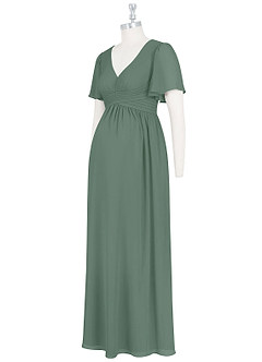 Azazie Verna At-home Try On Dresses A-Line V-Neck Ruched Chiffon Floor-Length Dress image9