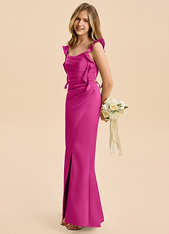 Azazie Jessamine Junior Fuchsia Sheath Ruched Stretch Satin Dress image7