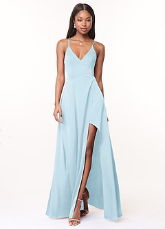 Azazie Maksim Bridesmaid Dresses Sky Blue A-Line V-Neck Stretch Satin Dress image1