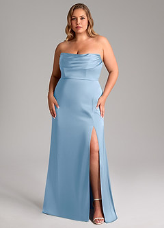 Azazie Saige Vestidos de damas de honor Vestido de Azul Pálido de Satén Elástico de Corte Recto con Vestidos sin tirantes image16