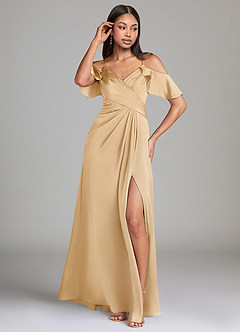 Azazie Dakota Robes de demoiselle d'honneur Robe Trapèze en Satin extensible Épaule décolletée Or image4