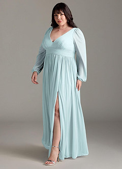 Azazie Norah Bridesmaid Dresses Mist A-Line V-Neck Long Sleeve Chiffon Dress image11