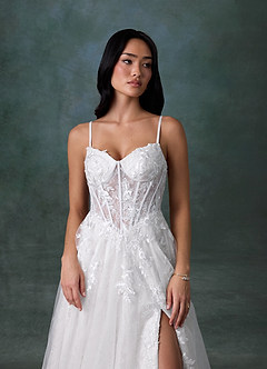 Azazie Ivonnah At-home Try On Dresses Diamond White A-Line Strapless Tulle Dress image8