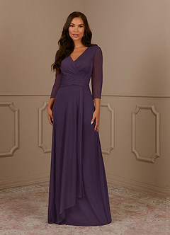 Azazie Annetta Mother of the Bride Dresses Plum A-Line V-Neck Pleated Mesh Dress image1