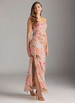 Azazie Mai Bridesmaid Dresses Abstract Bouquet Floral Sheath Pleated Chiffon Dress image3