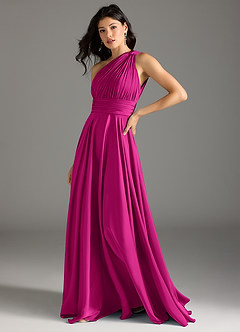 Azazie Charlize Bridesmaid Dresses Fuchsia A-Line One Shoulder Stretch Satin Dress image4