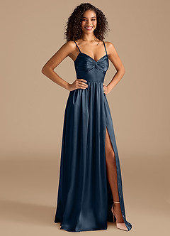 Azazie Zeya Robes de demoiselle d'honneur Robe Trapèze en Satiné métallisé Plissée Bleu Marine Foncé image6