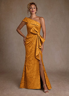 Azazie Hampton Kleider für die Brautmutter Meerjungfrau-Linie One-Shoulder Blumen-Burnout Kleid Butterscotch image1