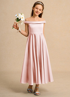 Azazie Teeny Girls Formal Vente Finale Robe Trapèze en Mat Satiné Plissée Rose Pâle image5